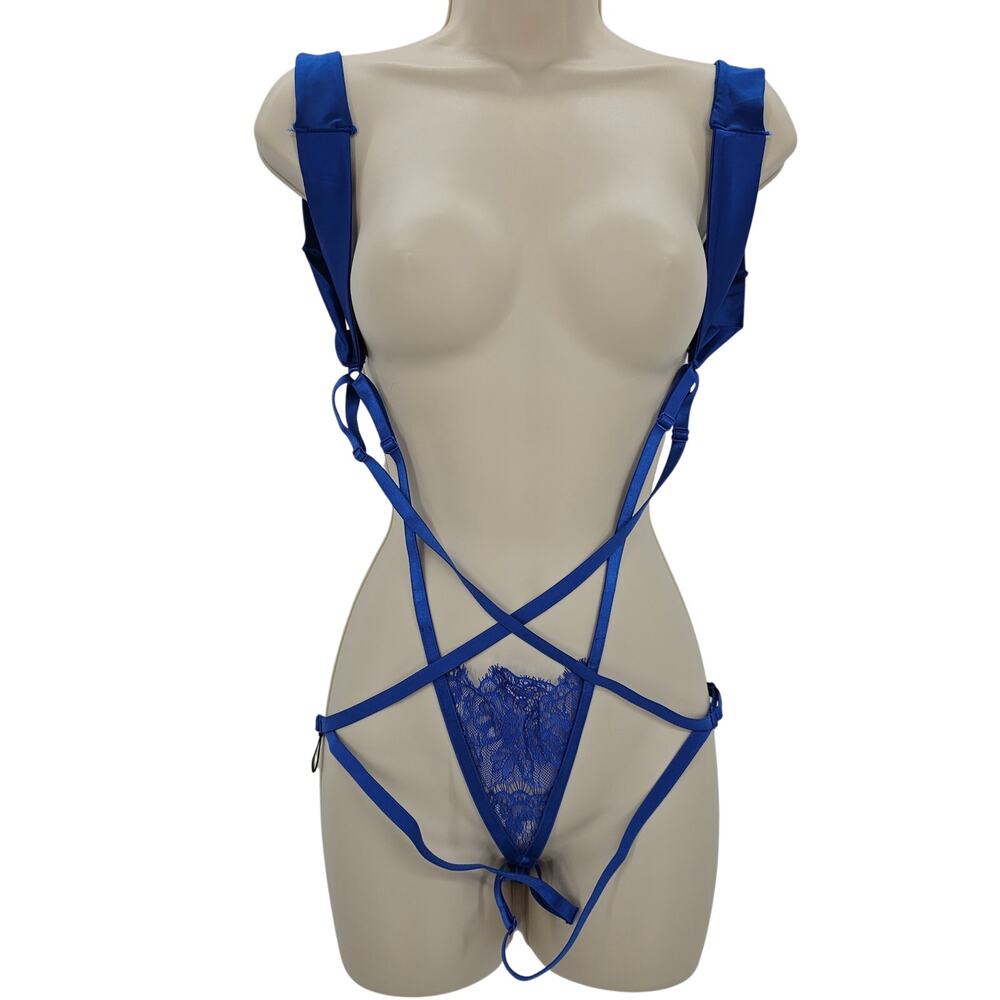Fredericks of Hollywood Womans One Size Eyelash Lace Elastic Harness Blue NEW